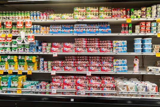 Villa de Alvarez, Colima, Mexico. March 6, 2026: Full Wide Supermarket Shelf with Yogurt and Probiotic Drinks Variety