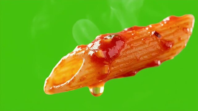 Penne Arrabbiata Pasta Drizzled with Spicy Tomato Sauce on a Vibrant Green Screen Background Cinematic Close-Up Extreme Detail Food Commercial
