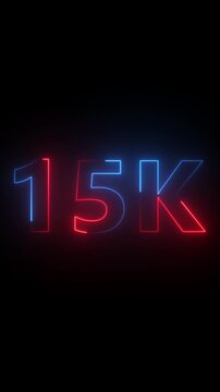 Glowing purple neon 15k light text animation. Shining neon number motion graphic for 15K followers and subscribers celebration on black background.
