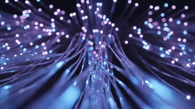 Cinematic macro of glowing fiber optic cables transmitting blue and purple neon data pulses. Perfect for global internet, cybersecurity, and futuristic tech concepts. abstract animation.