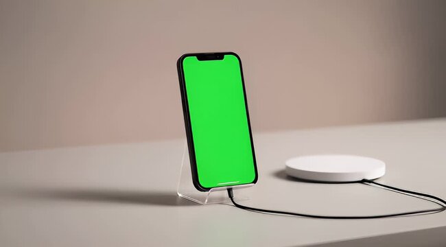 Smartphone with green screen display on a charging dock on a table