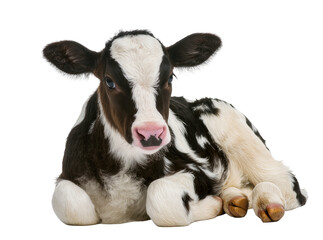 Adorable black and white Holstein Friesian calf lying down, isolated baby cow PNG on transparent background, young farm animal © Ciara