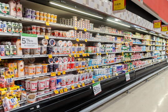 Villa de Alvarez, Colima, Mexico. March 6, 2026: Wide Angle Supermarket Shelf Full Of Various Flavors Yogurt Products Selection