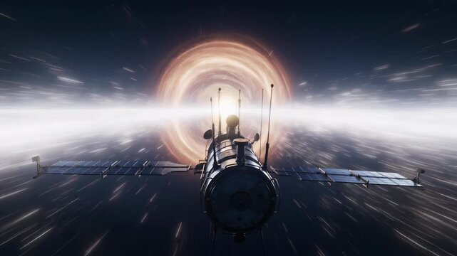 Futuristic exploration spacecraft approaching a cosmic wormhole for interstellar travel purpose