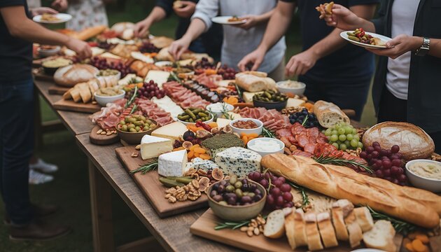 Large Outdoor Cheese Charcuterie Spread on Wooden Table with People Reaching for Plates