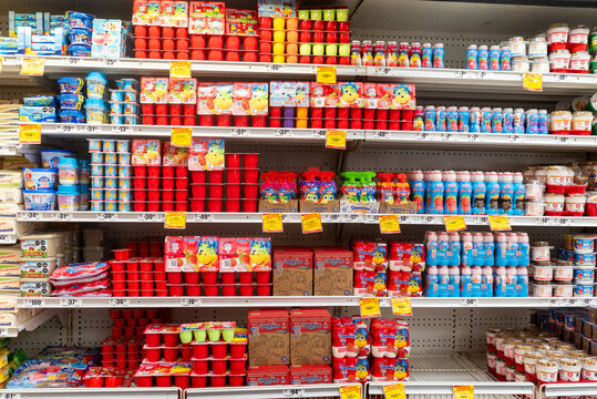 Villa de Alvarez, Colima, Mexico. March 6, 2026: High Angle Display of Dairy and Food Products on Supermarket Shelves