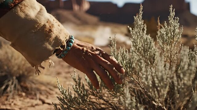 Indigenous hand with turquoise bracelet gently touches a desert sagebrush, releasing natural dust; symbolizing cultural heritage, natural medicine, and arid environment connection.
