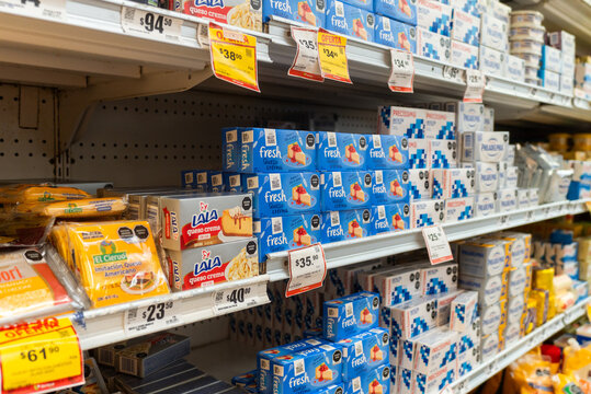 Villa de Alvarez, Colima, Mexico. March 6, 2026: Close up Retail Display of Cream Cheese Products on Supermarket Shelf