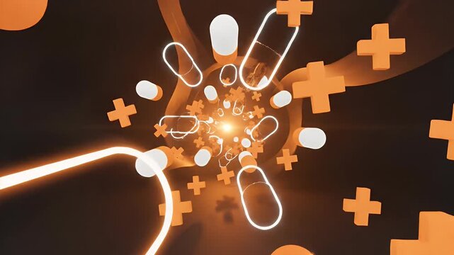 Abstract 3D shapes, orange plus signs, and glowing white rings on dark background