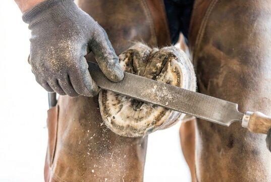 Farrier rasping and shaping a horse hoof using a metal file