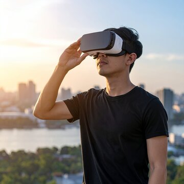 Young man experiencing virtual reality with VR headset outdoors, cityscape background at sunset.