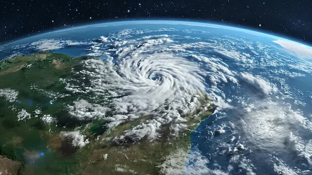 Massive hurricane swirling over Earth, captured from space above South America and the Atlantic Ocean. Perfect for climate change documentaries, weather forecasts, natural disaster reports,