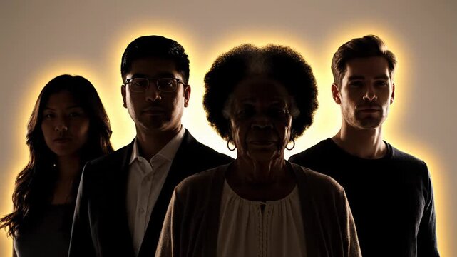 Diverse group of people with glowing aura, representing unity and different generations.