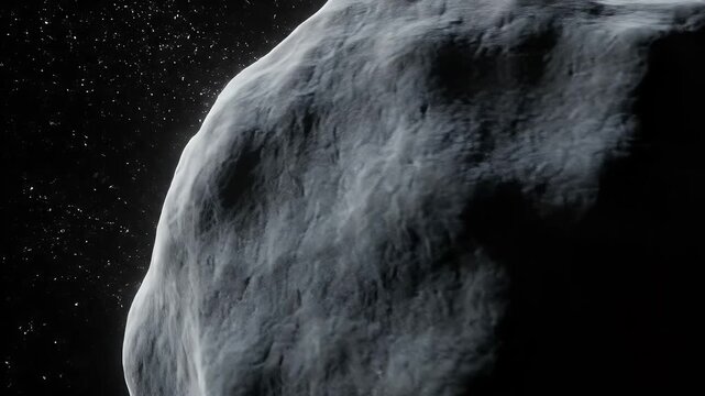 A dark, irregular asteroid floats in a star-filled void