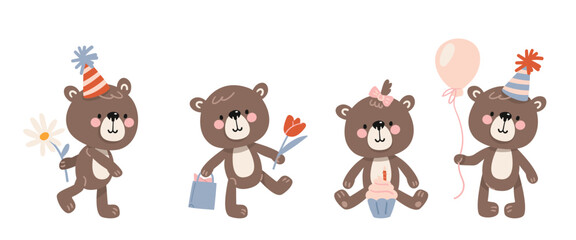 Fototapeta premium Set of cute cartoon teddy bears celebrating birthday with flowers, gift bag, cupcake, and balloon. Flat style vector illustration.