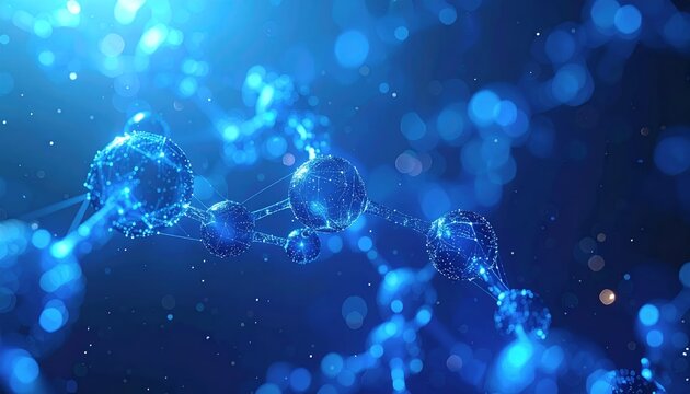 Abstract Blue Molecular Structure with Glowing Particles and Bokeh Effect.