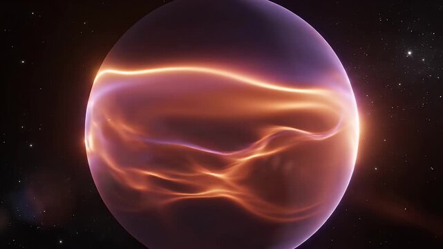 A gaseous celestial body with glowing streaks of light against a starry backdrop