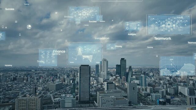 Conceptual images of urban drone aerial view and digital technology.