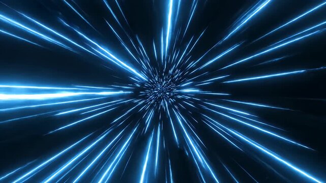 Vibrant blue light streaks accelerate through dark space towards a central point