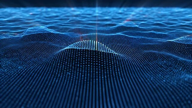 Abstract digital landscape of blue glowing dots forming waves and peaks
