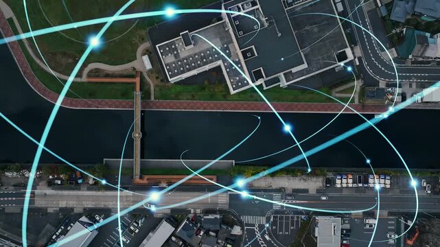 Conceptual image of urban drone aerial view and communication network