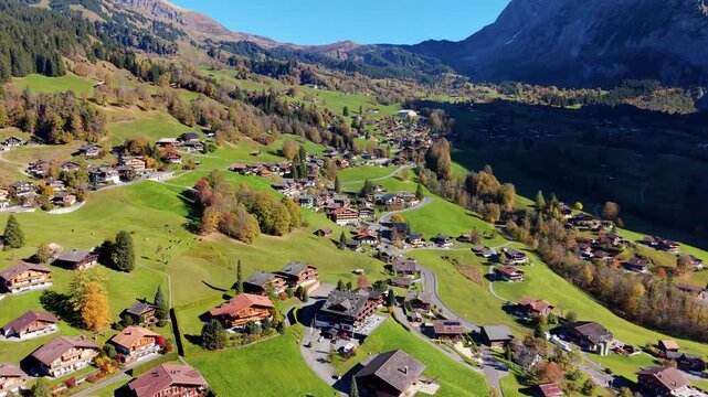 Grindelwald autumn aerial view with traditional chalets and green grass slopes. Grindelwald, Canton of Bern, Switzerland.