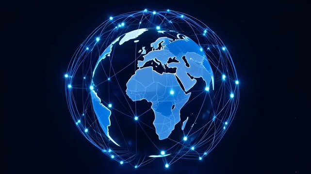A glowing blue globe with interconnected nodes representing a global network