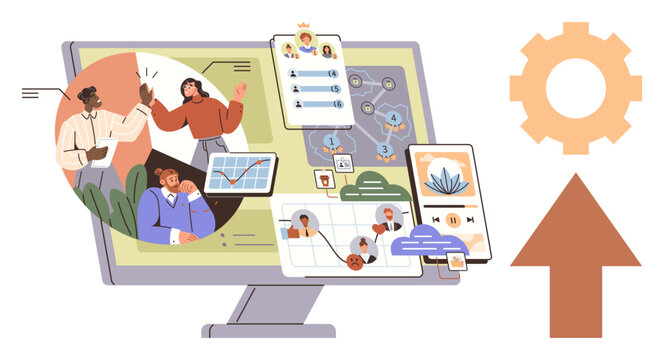 Business operations, teamwork, communication, productivity, workplace collaboration, online management. A computer screen showing tools and people interacting. Teamwork and business operations
