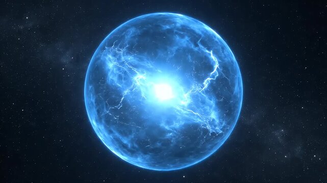 A bright blue, energetic orb pulsates with light and electrical energy in deep space