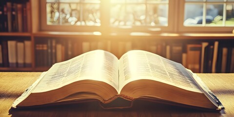 Obraz premium Open Book Bathed in Sunlight on a Wooden Table reading