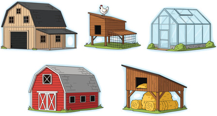 Cartoon farm building set featuring barn, chicken coop, greenhouse, and hay shed in colorful agricultural and rural style © MstRotna