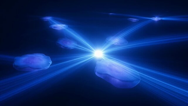 Abstract glowing blue light streams across space with floating translucent objects scattered around