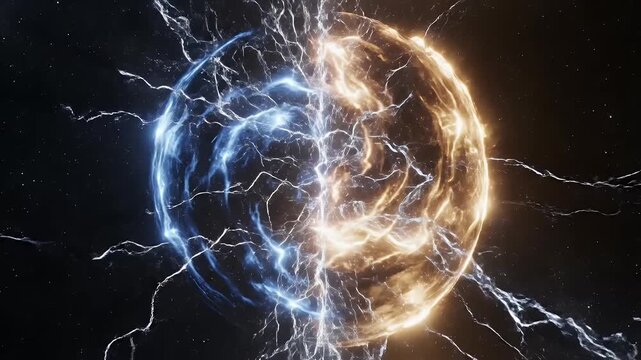 Vibrant cosmic sphere crackles with energy, divided by light and shadow