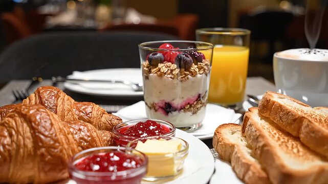 A delicious and varied continental breakfast spread featuring croissants, toast, yogurt parfait, fresh orange juice, and coffee on a table.