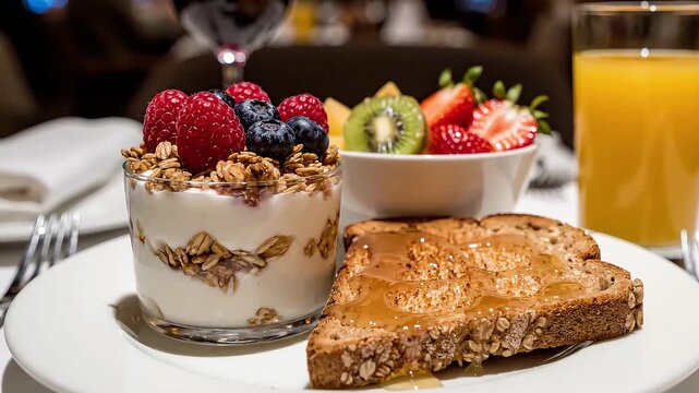 A delicious and healthy breakfast spread featuring yogurt parfait, fresh fruit, toast with honey, and orange juice.