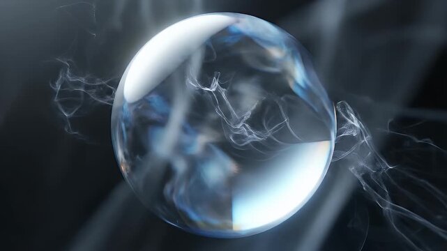 Translucent sphere with swirling ethereal mist against a dark background