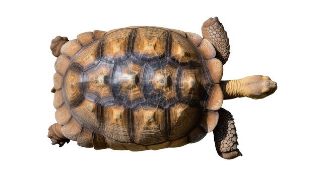 Top view of a majestic African spurred tortoise, also known as Sulcata tortoise, isolated on transparent background, showcasing its intricate shell patterns, a desert reptile