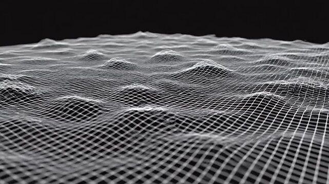 Abstract wireframe grid forming undulating terrain in dark depth