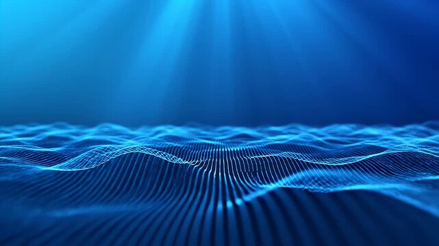 Abstract digital blue ocean surface with light rays from above