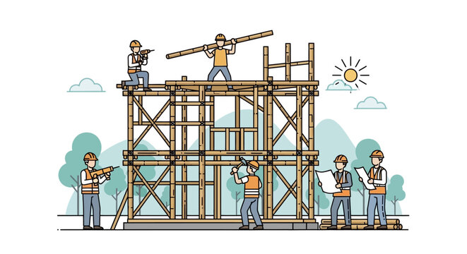 Construction Site Illustration with Workers Building a Wooden Frame Structure