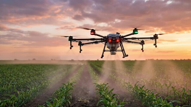 An agricultural drone sprays fertilizer over green rows of crops in a field at sunset.