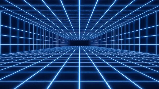 Abstract blue grid tunnel vanishing into darkness with glowing lines
