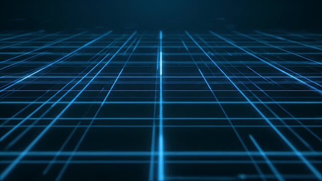 Glowing blue grid lines receding into a dark, digital space