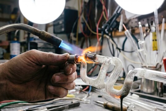 Glassblower using a hot blue flame torch to join two pieces of curved glass tubing
