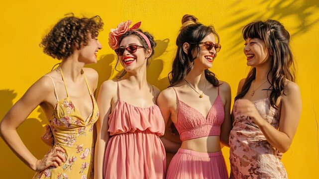Four Women Laughing Together Against Vibrant Yellow Wall