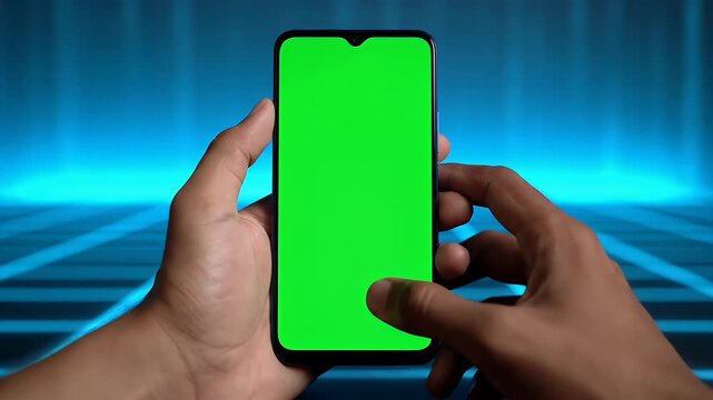 Person's hands holding a green screen smartphone against a blue gradient background