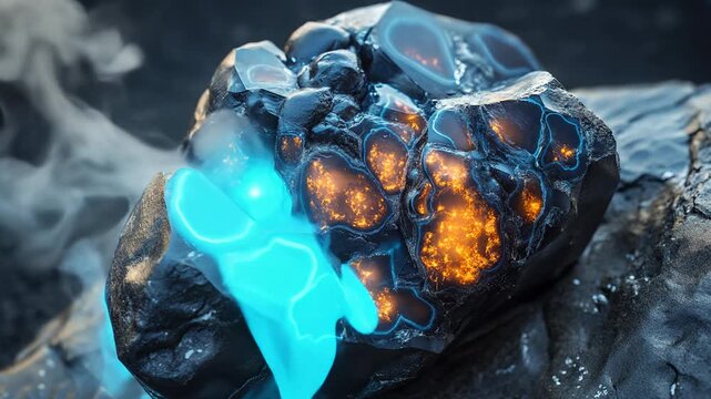 Glowing Meteorite Fragment with Fiery Orange Core and Blue Energy