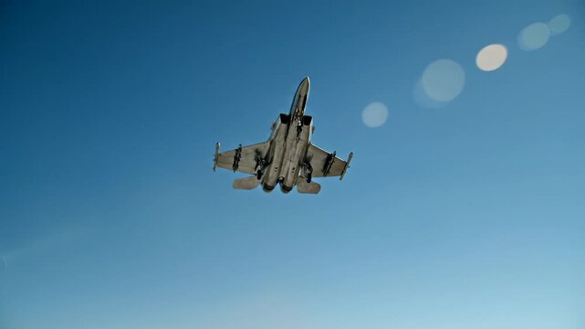 Fighter Jet Ascending into Clear Blue Sky, Powerful Takeoff