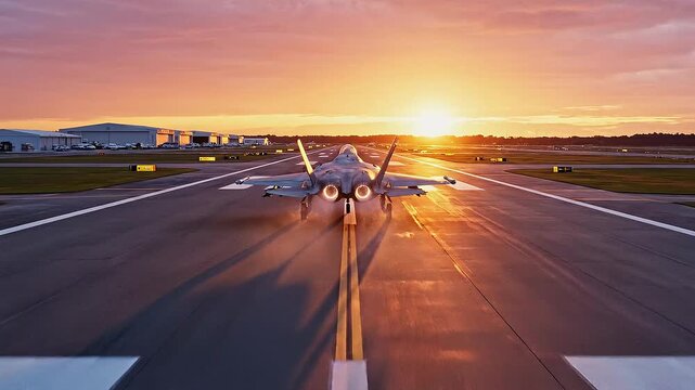 Fighter jet takeoff at sunset with engine afterburners and smoke trail
