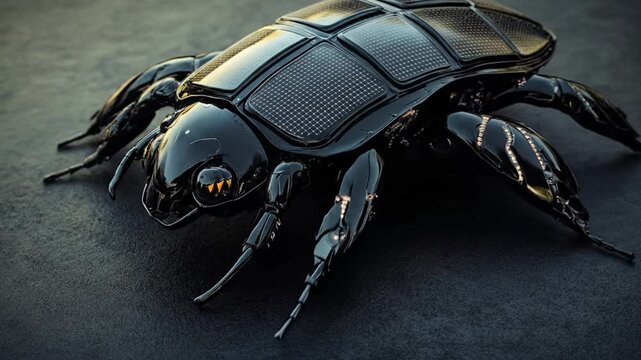Futuristic Black Beetle Robot with Solar Panels and Glowing Orange Eyes
